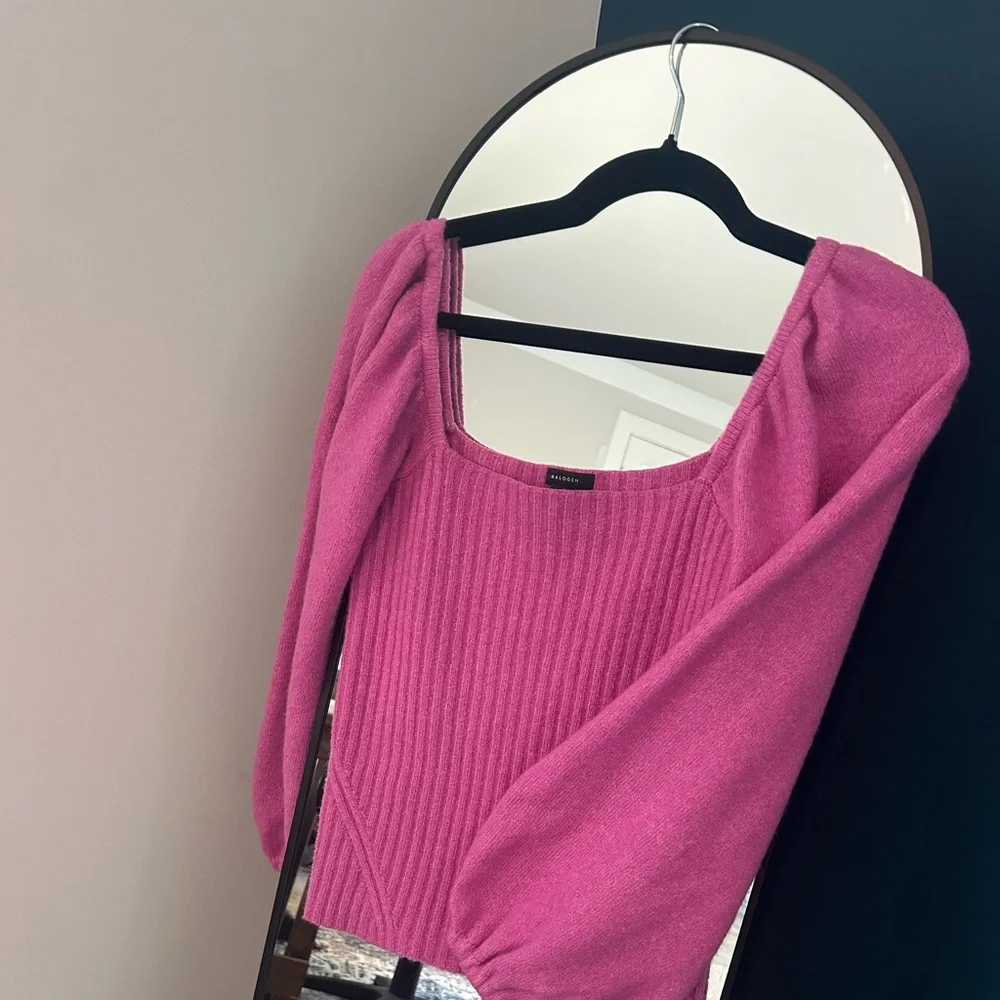 Halogen Fuchsia Square-Neck Ribbed Knit Sweater